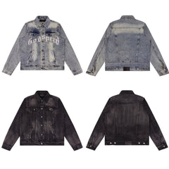 GODSPEED Vintage Washed Embroidered Denim Varsity Jacket