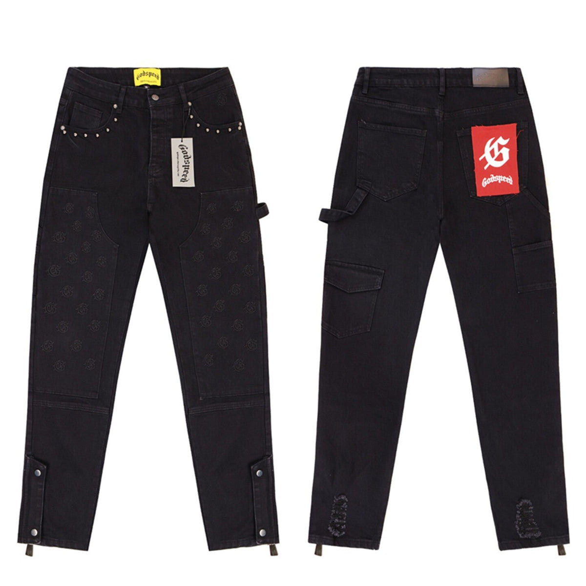 GODSPEED Distressed Embroidered Cargo Straight Denim Jeans