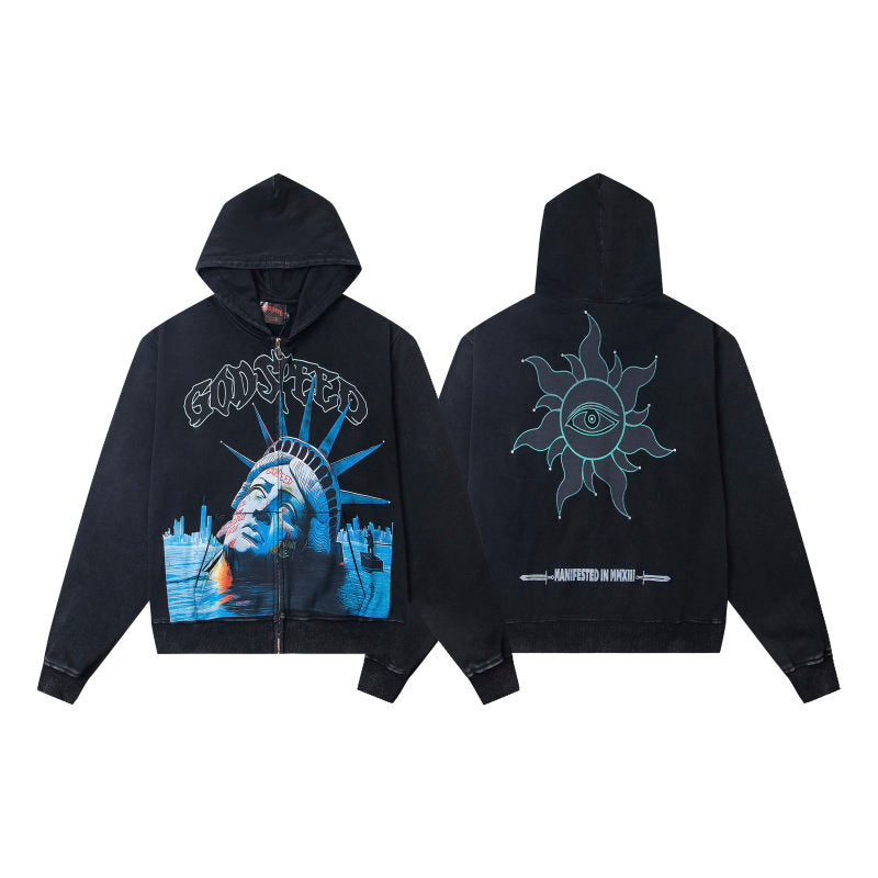 Godspeed Statue Of Liberty Print Zip Up Hoodie