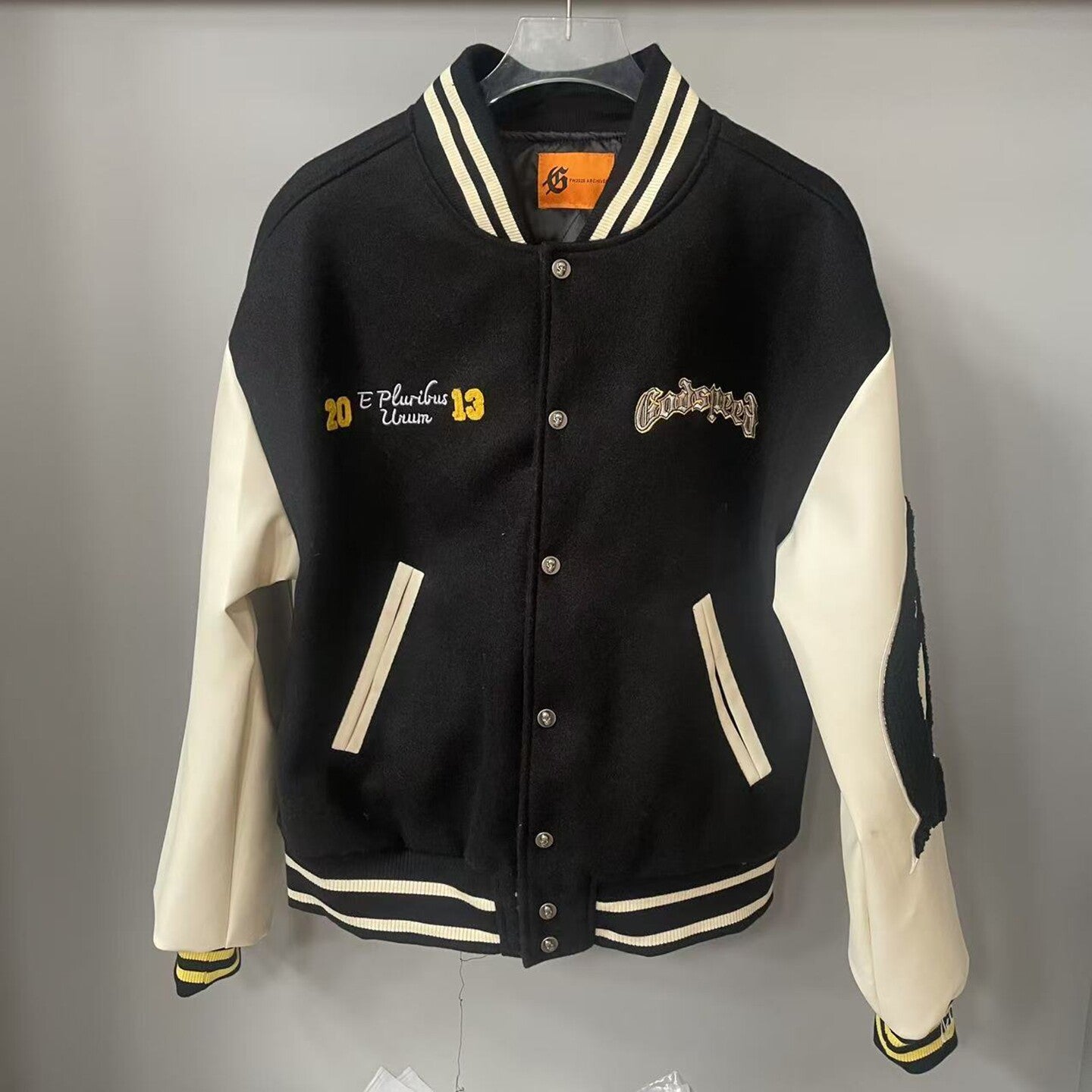 GODSPEED Alien Robot Embroidered Contrast Varsity Jacket
