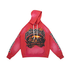 VARE Y2K Gothic Street‑Wear Red Wash Hoodie Drawstring Pullover