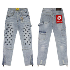 GODSPEED Distressed Embroidered Cargo Straight Denim Jeans