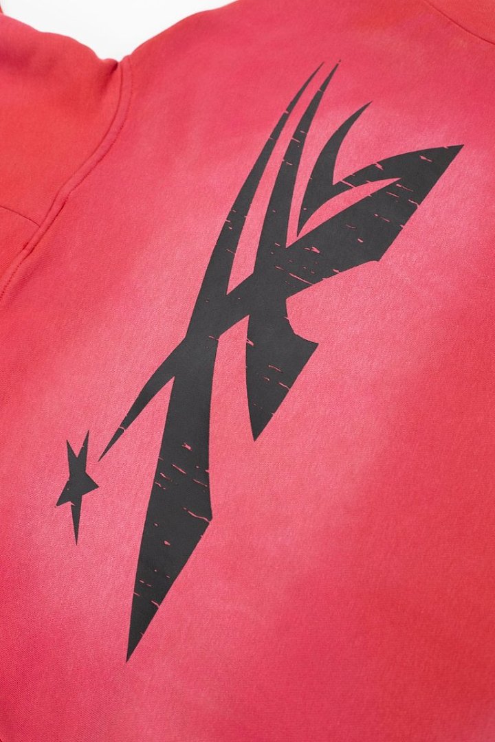 VARE Y2K Gothic Street‑Wear Red Wash Hoodie Drawstring Pullover