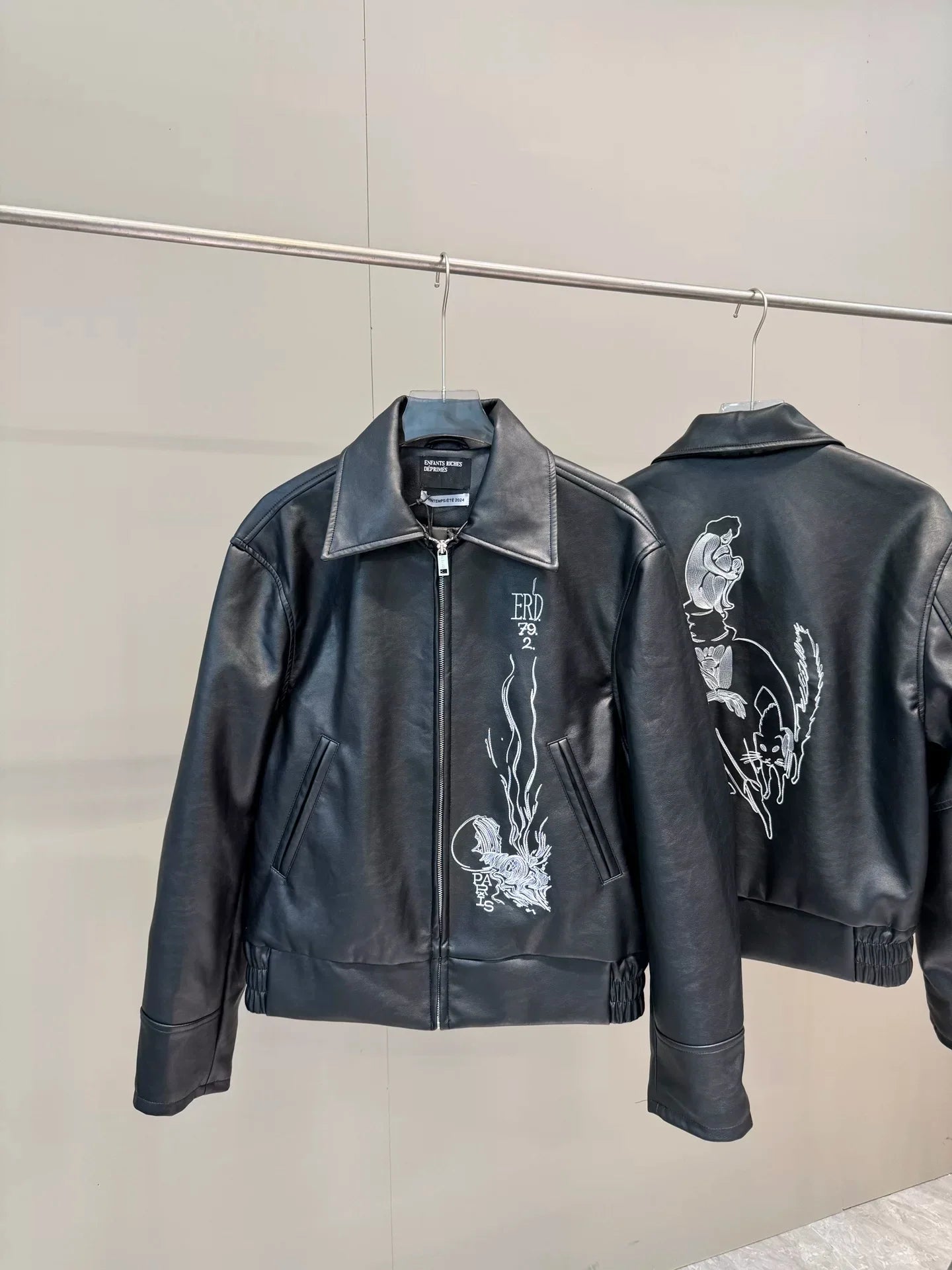 ERD Vintage Black Embroidered PU Leather Jacket