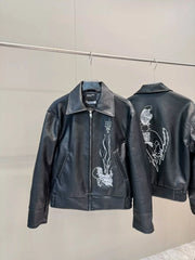 ERD Vintage Black Embroidered PU Leather Jacket