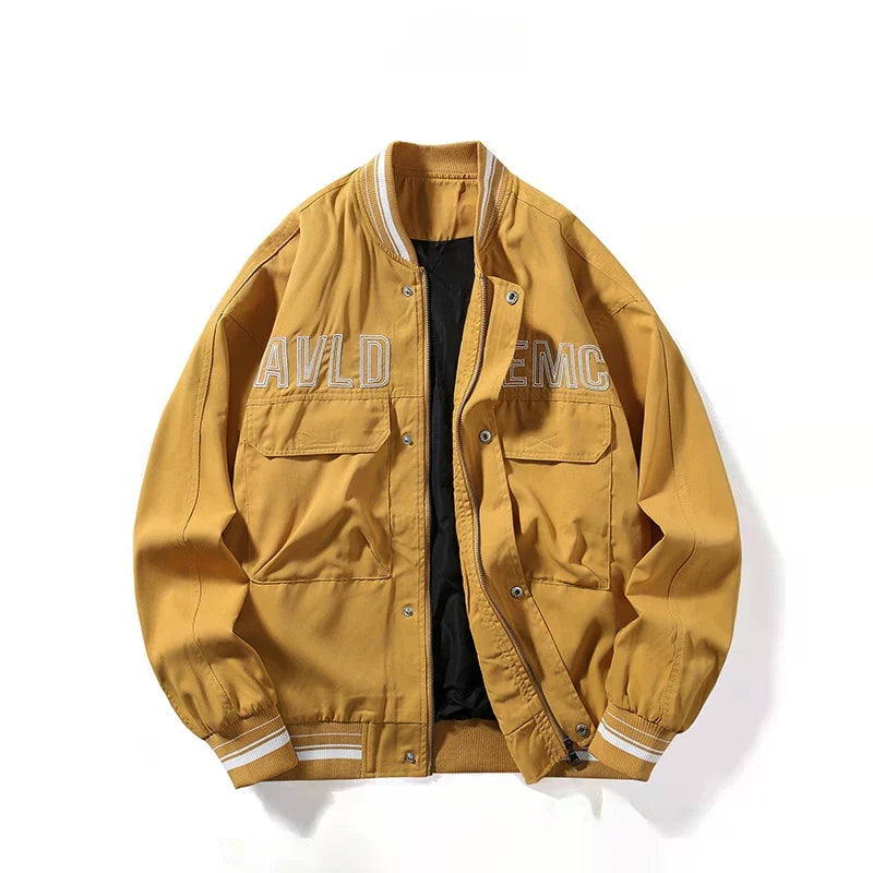 VARE Yellow Multi‑Pocket Embroidered Varsity Jacket