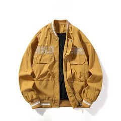 VARE Yellow Multi‑Pocket Embroidered Varsity Jacket