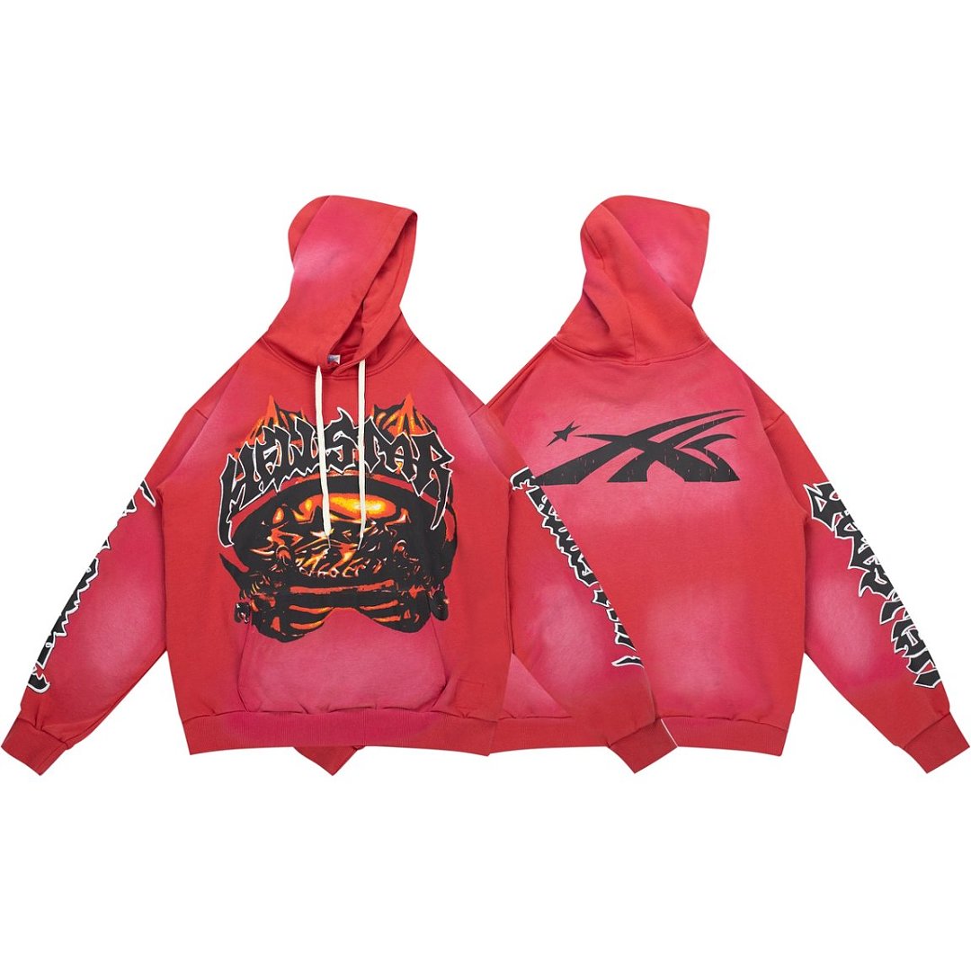 VARE Y2K Gothic Street‑Wear Red Wash Hoodie Drawstring Pullover