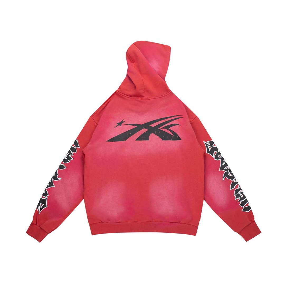 VARE Y2K Gothic Street‑Wear Red Wash Hoodie Drawstring Pullover
